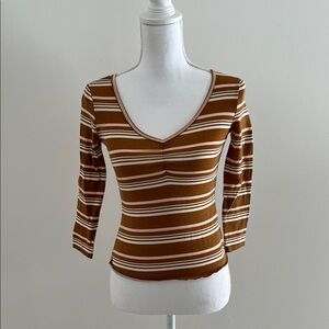 Mudd Brown and White Striped V-Neck Long Sleeve Top